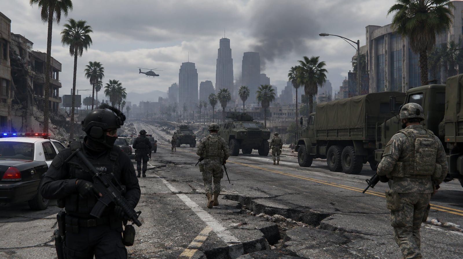 Armed police and National Guard soldiers patrol a damaged Los Santos boulevard beside military trucks