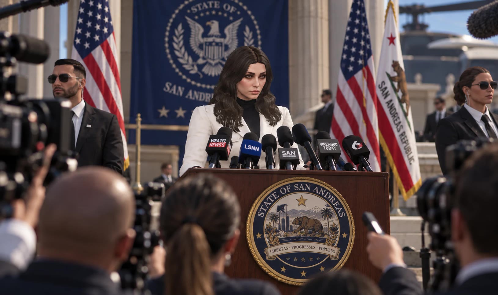 Governor Diane Carrow at a lectern bearing the seal of the State of San Andreas, facing reporters and cameras, with security staff and the United States and San Andreas flags behind her