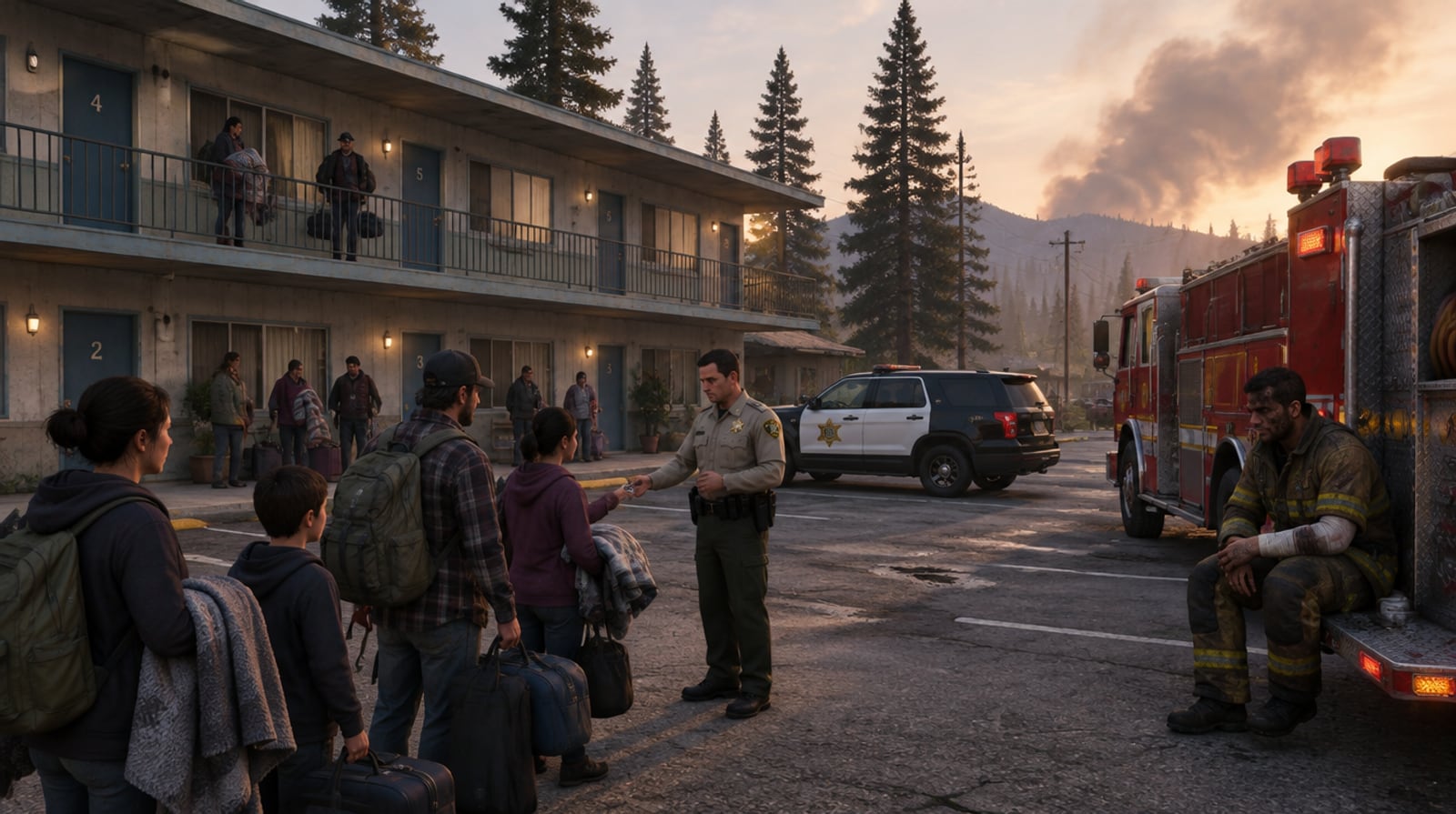 A sheriff’s deputy hands a motel room key to an evacuated family in Paleto Bay while an exhausted firefighter rests on the back of a fire truck