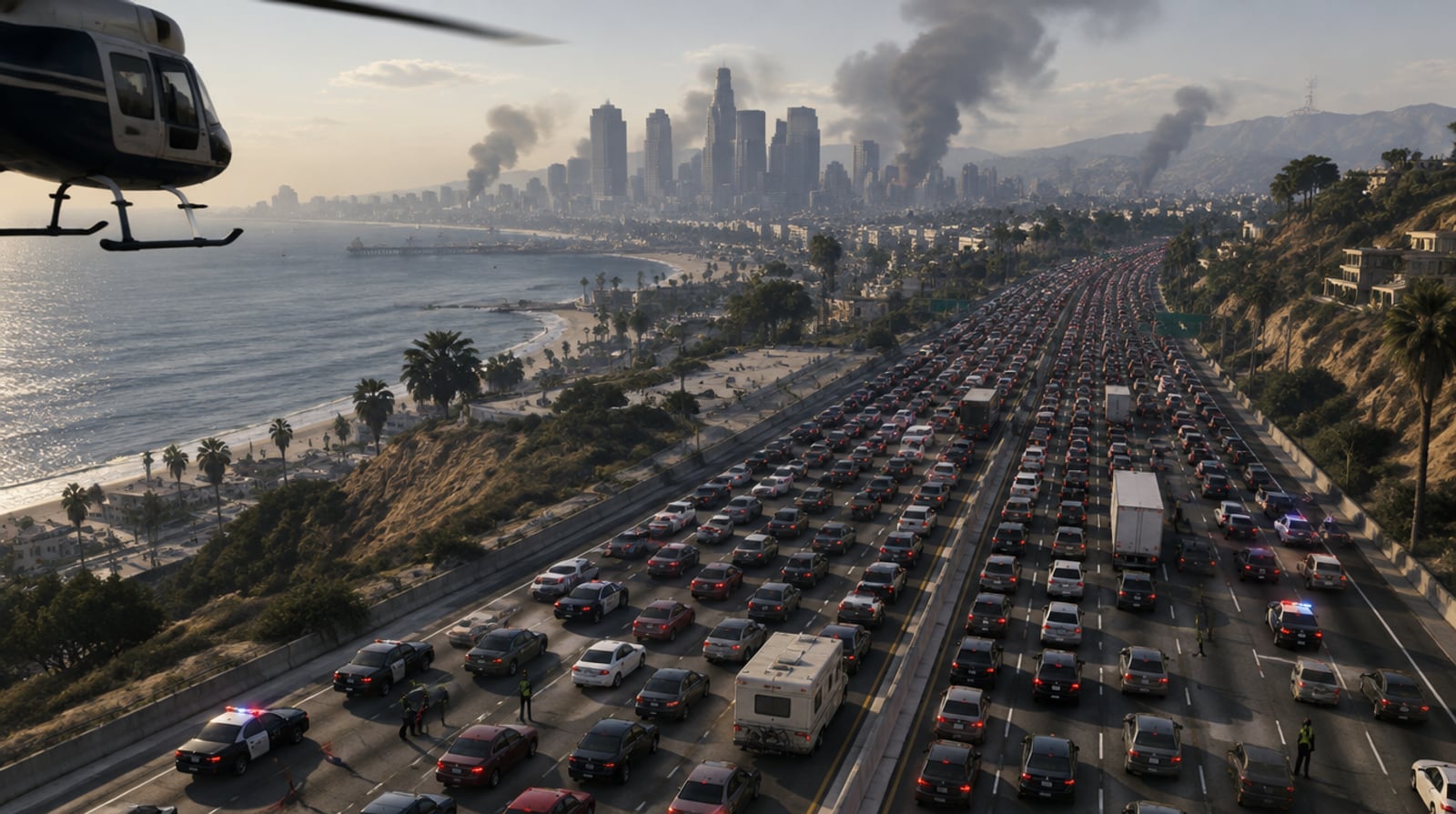 Aerial view of gridlocked traffic on the coastal highway leaving Los Santos, smoke rising over the city