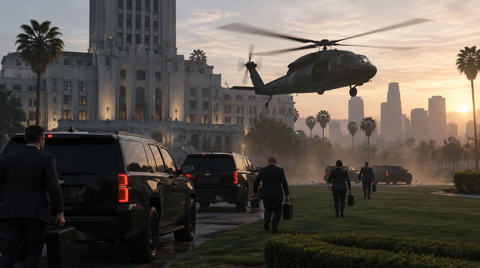Black government SUVs and a military helicopter leave City Hall at dawn as officials carry briefcases