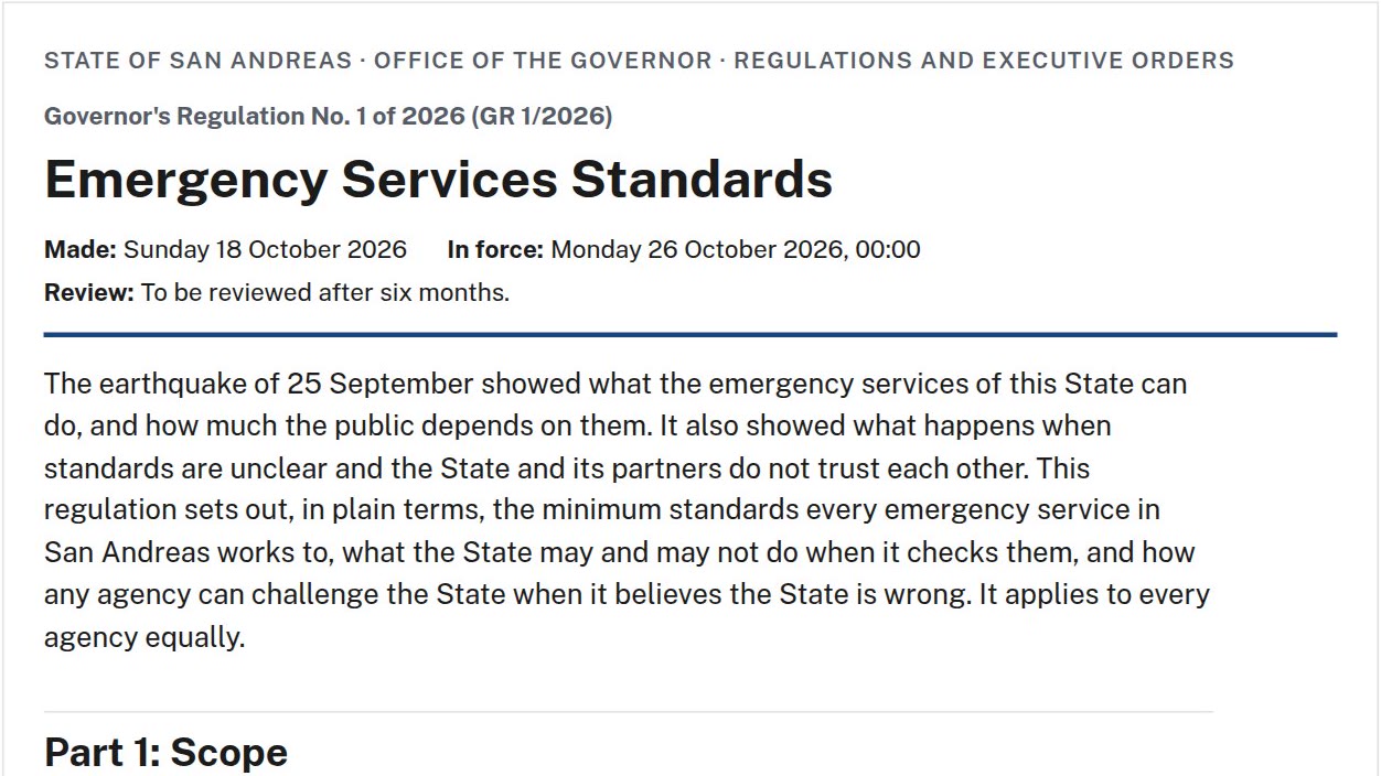 The State of San Andreas register of regulations showing Governor's Regulation No. 1 of 2026, Emergency Services Standards, made Sunday 18 October and in force Monday 26 October