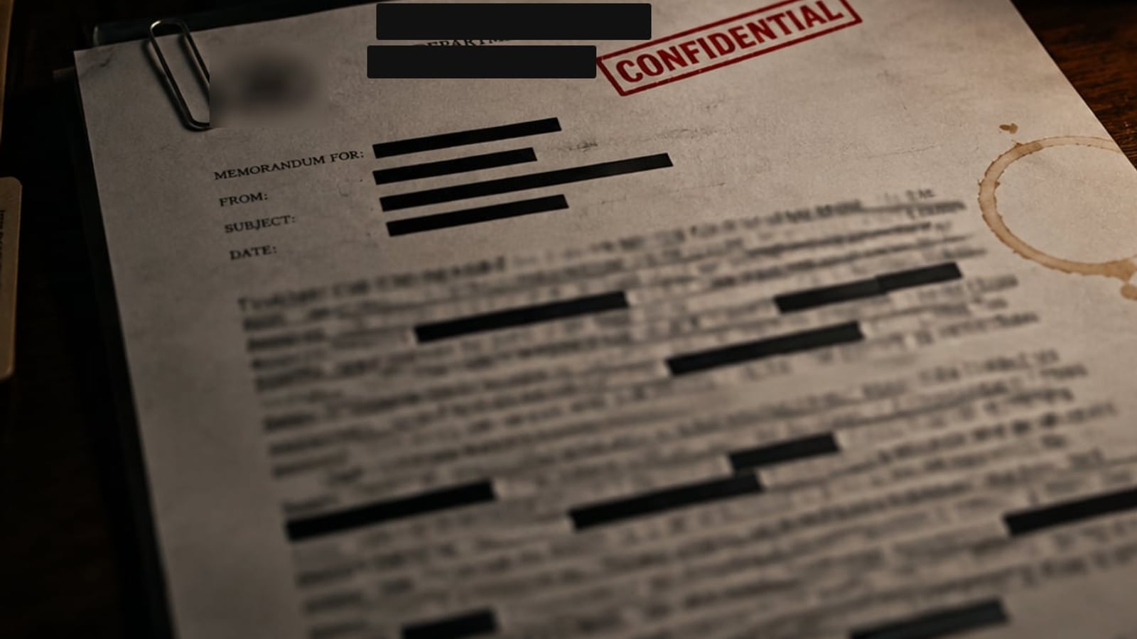 A heavily redacted confidential government memo on a desk