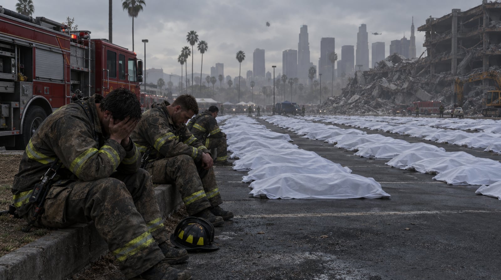 Rows of white sheets covering the dead in a parking lot as exhausted firefighters sit on the curb with their heads in their hands