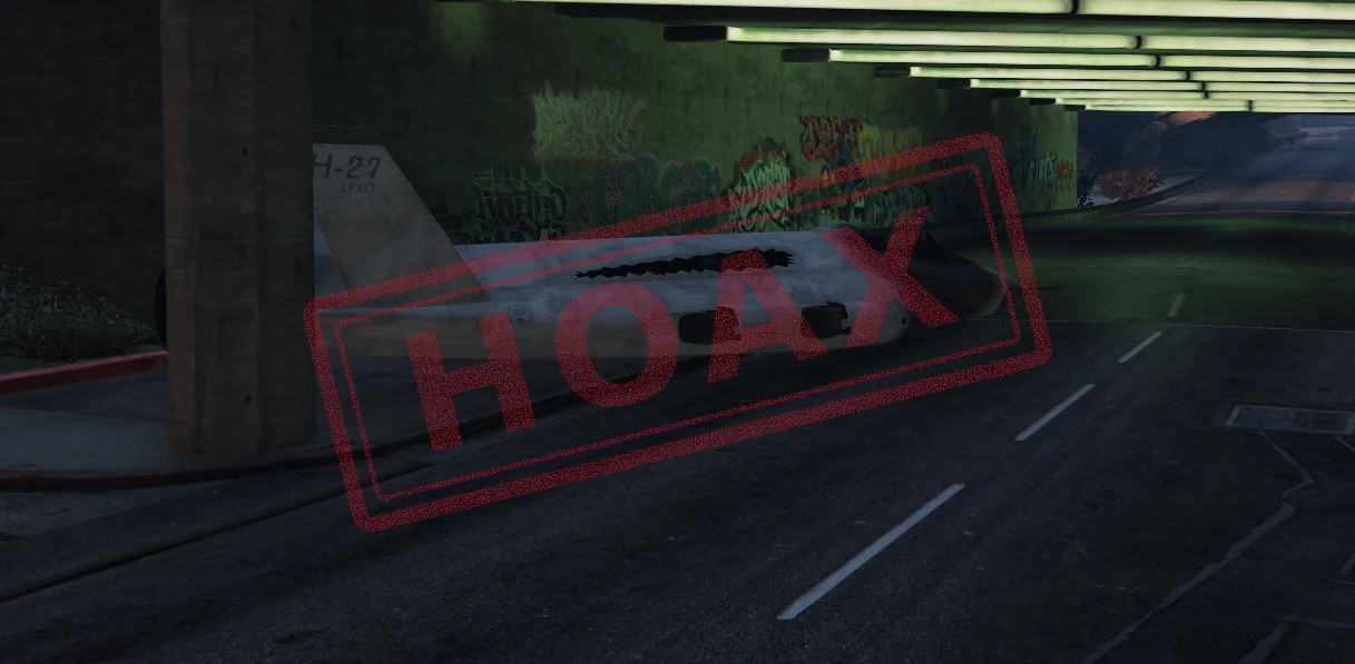 The jet wreck with a red HOAX stamp