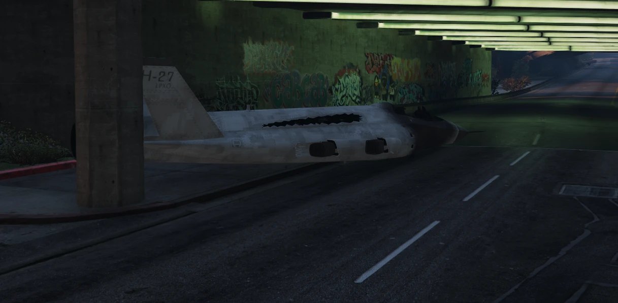 The military jet wreck beneath the Mission Row freeway overpass