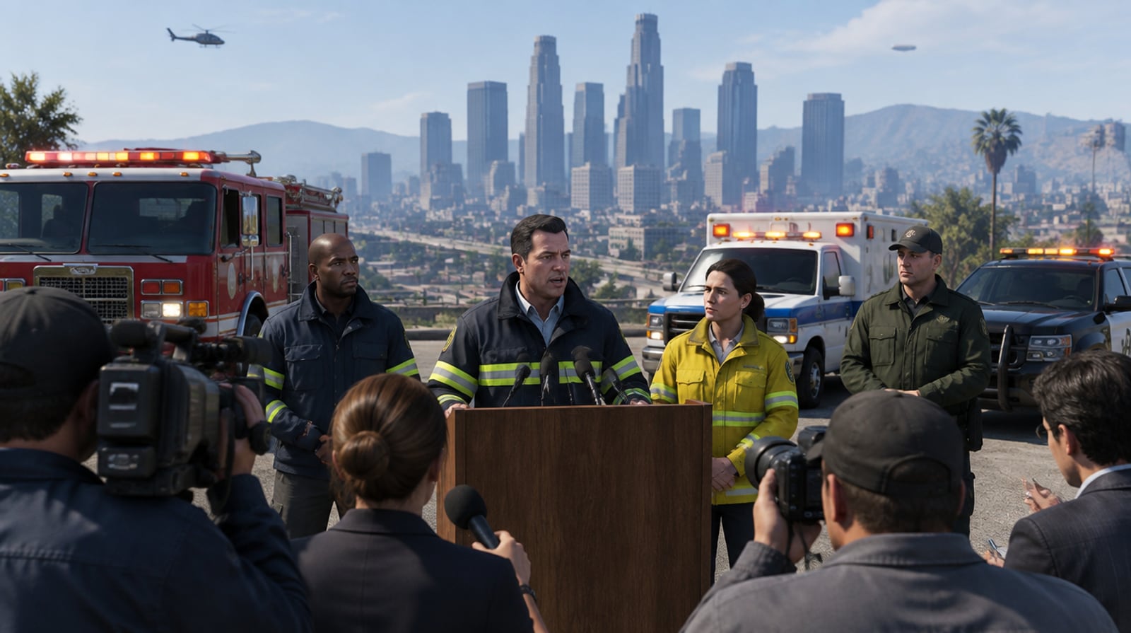 Emergency officials brief reporters at a podium in front of the Los Santos skyline