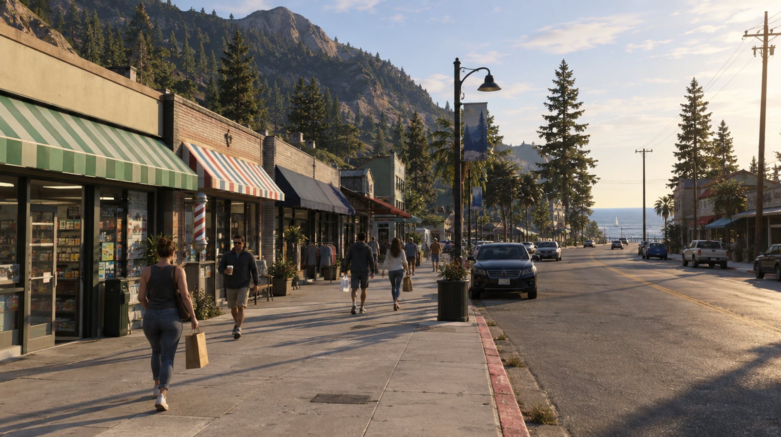 Shoppers walk along a sunny Paleto Bay boulevard lined with shops, pine trees and the ocean at the end of the street