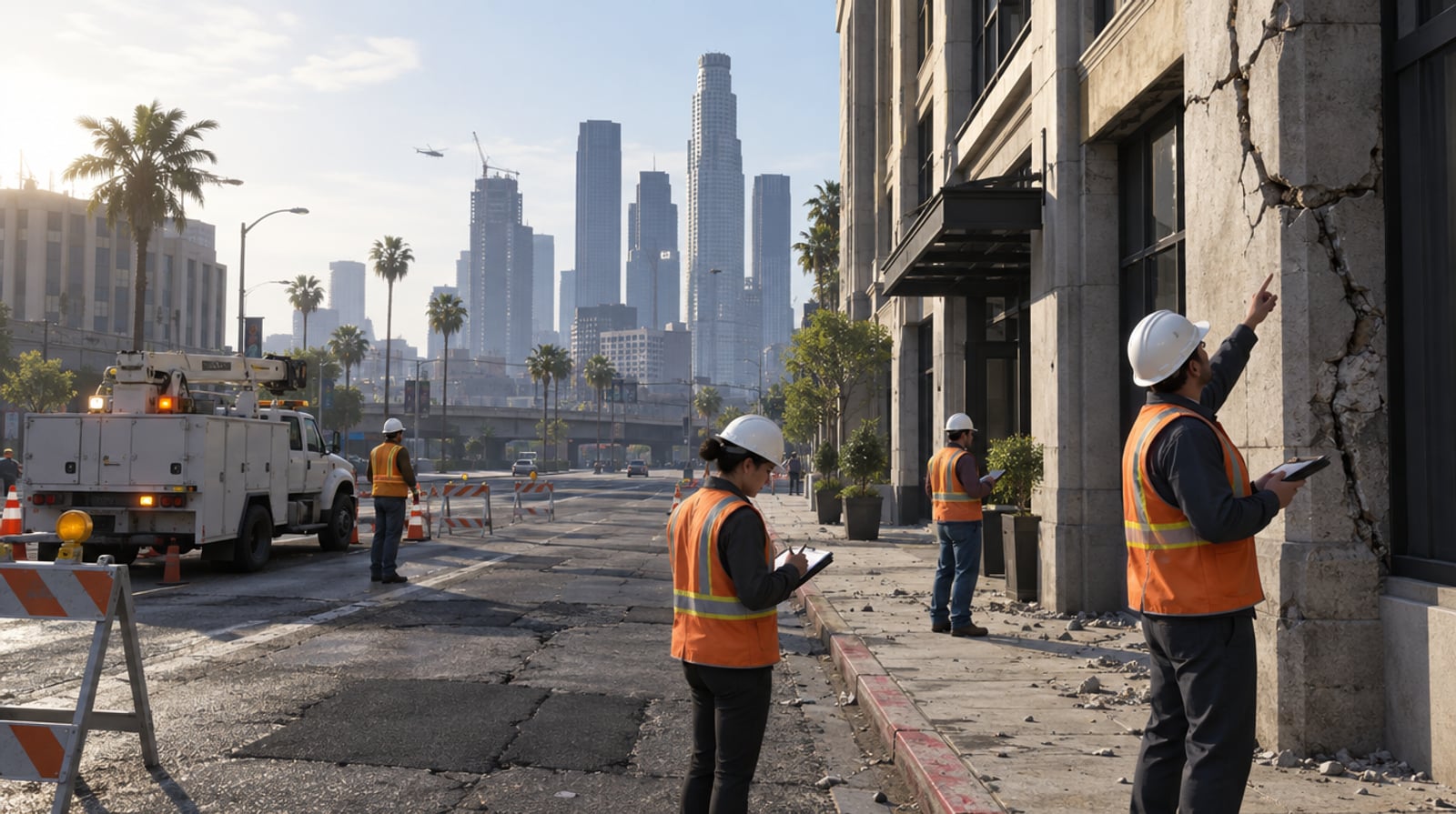 Workers in hard hats and hi-vis vests inspect a cracked building downtown while a utility truck works nearby