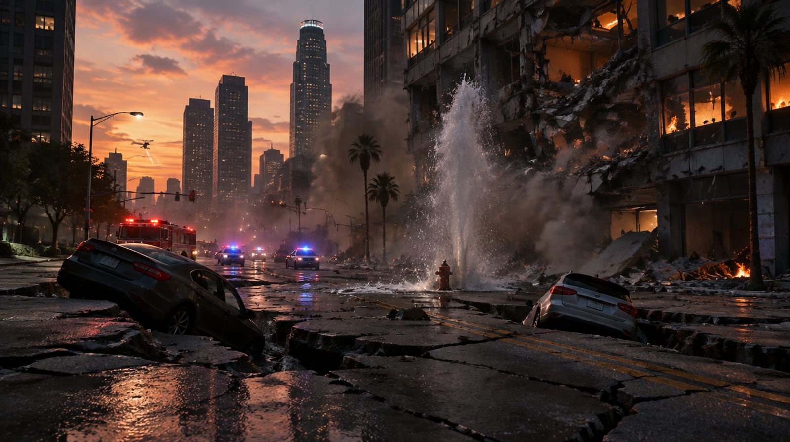 A damaged downtown office building, a buckled road with cars sunk into cracks and a burst water main at dusk