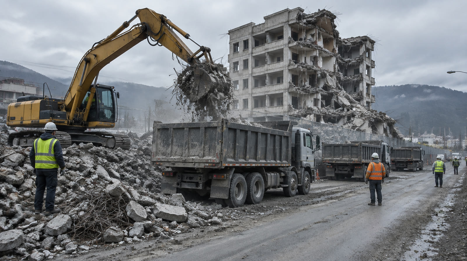 An excavator loads rubble cleared from a main road into a line of dump trucks, with a damaged building fenced off behind