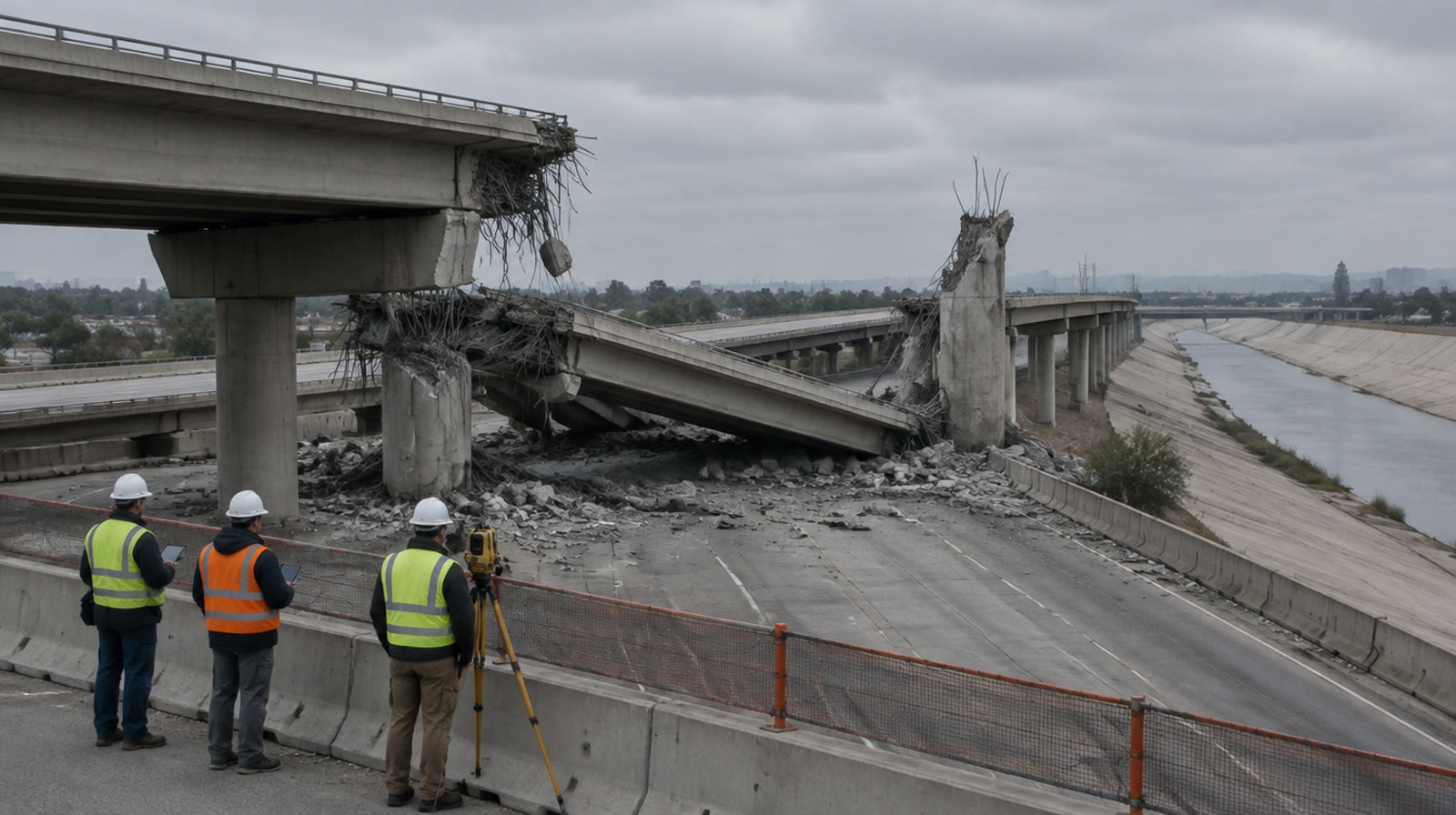 Engineers survey a collapsed elevated freeway span beside an empty concrete river channel