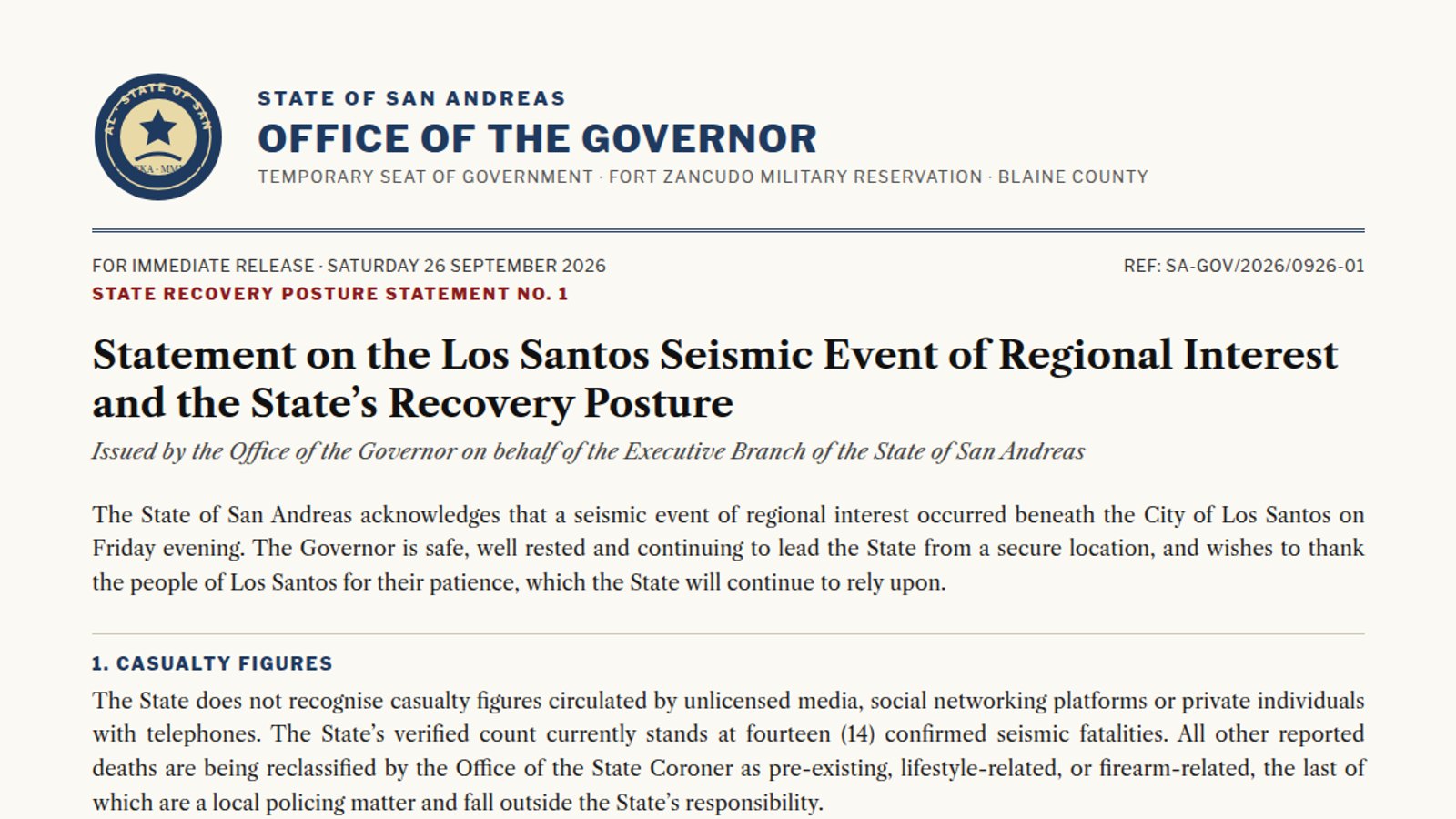 Office of the Governor of San Andreas, State Recovery Posture Statement No. 1, signed by Chief of Staff Harlan J. Mercer