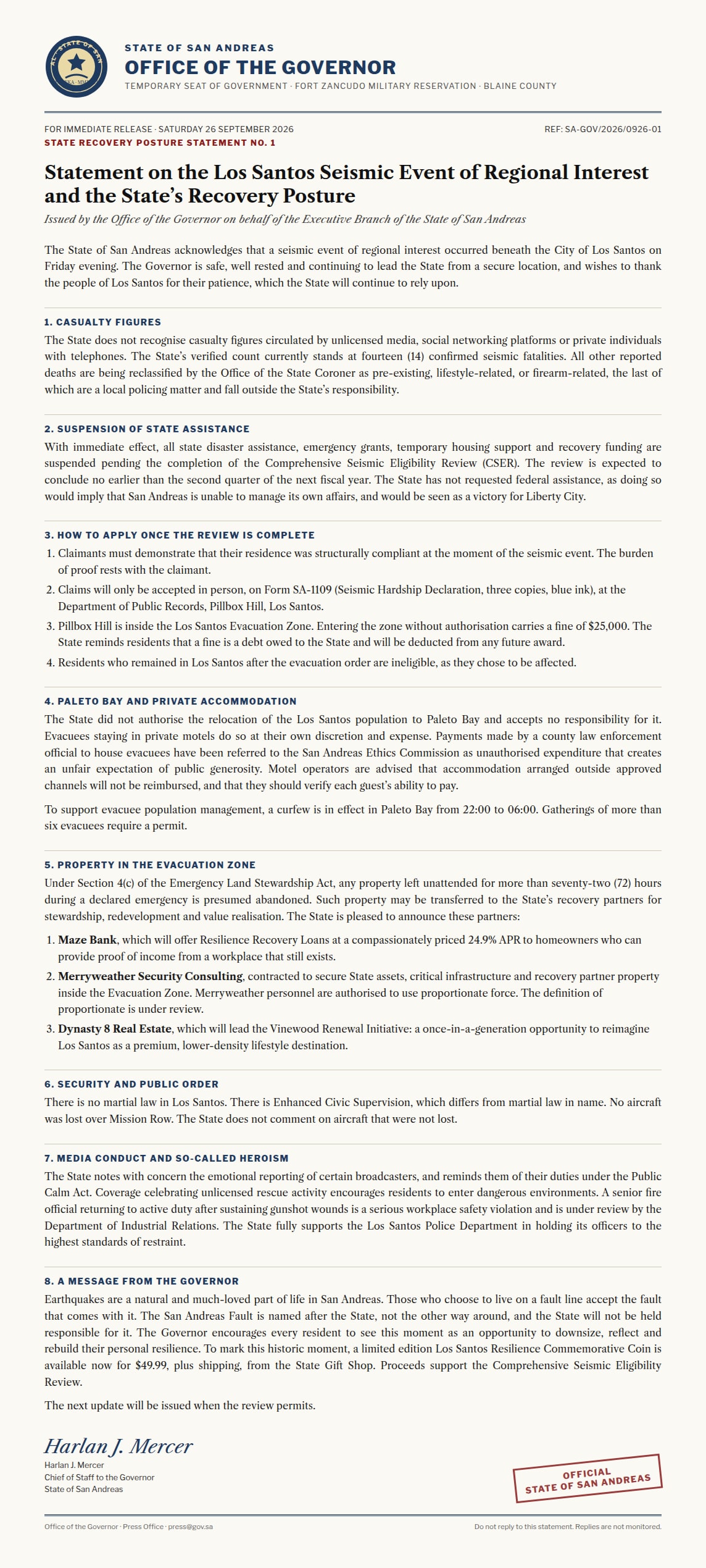 Office of the Governor of San Andreas, State Recovery Posture Statement No. 1, signed by Chief of Staff Harlan J. Mercer
