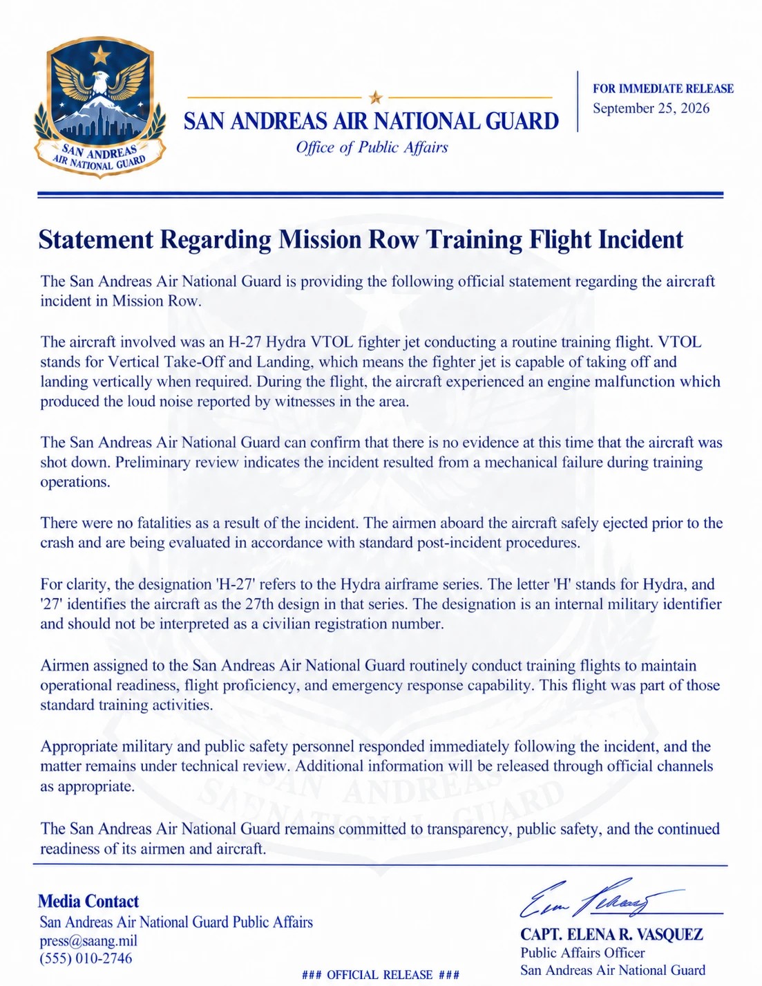 San Andreas Air National Guard press release: Statement Regarding Mission Row Training Flight Incident, signed by Capt. Elena R. Vasquez
