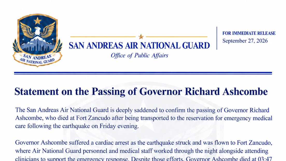 The letterhead of the San Andreas Air National Guard’s statement on the passing of Governor Richard Ashcombe, with the Guard’s crest and the date 27 September 2026