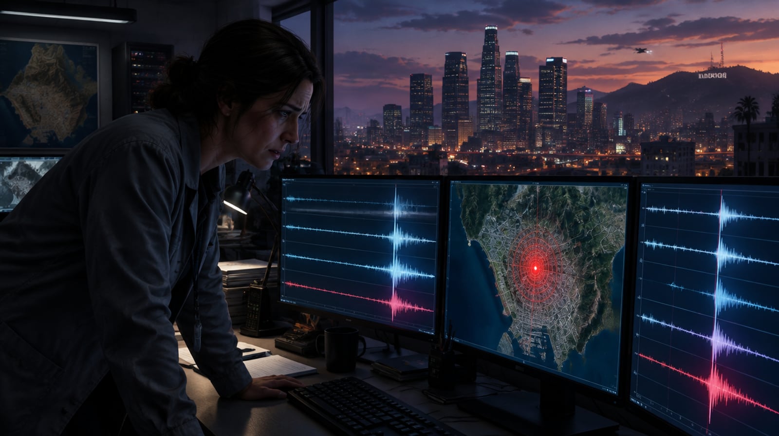A seismologist watches seismograph spikes and a Los Santos map with a red epicentre in a monitoring room at dusk