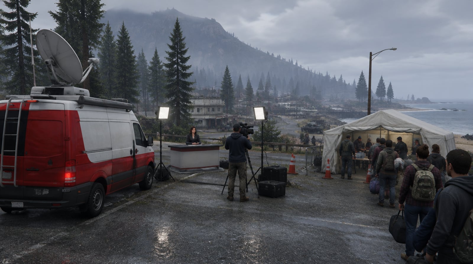 The Weazel News base in Paleto Bay beside a relief tent